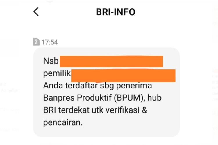 Tangkapan layar pesan notifikasi Banpres Produktif dari Bank BRI
