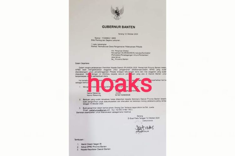 Surat catut Gubernur Banten meminta transfer dana untuk pengamanan Pilkada.