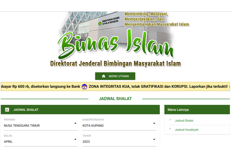 Tangkapan layar jadwal shalat wilayah Kota Kupang dan sekitarnya selama Ramadhan 2023