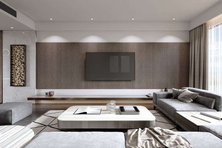 Ilustrasi ruang keluarga menggunakan bilah kayu pada dinding.