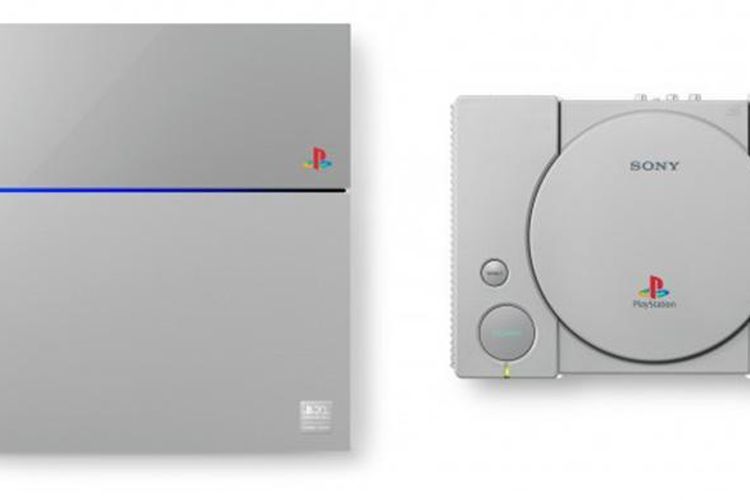 Konsol Game Sony PlayStation 4 edisi terbatas dengan skema warna serupa PlayStation generasi pertama