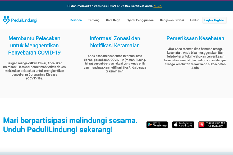 Halaman Unduh/download aplikasi PeduliLindungi di situs resmi PeduliLindungi.