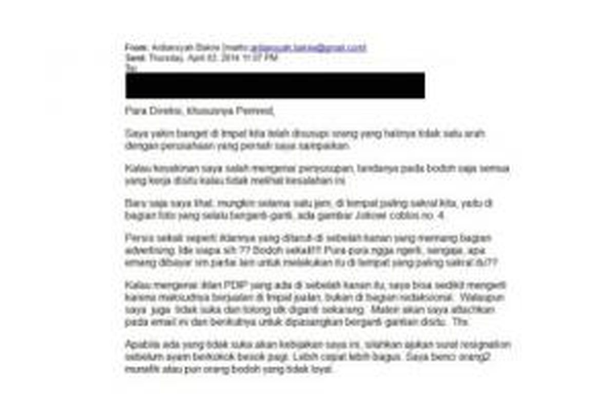 Tampilan email yang disebut dari Chief Executive Officer (CEO) atau Presiden Direktur Tv One dan Viva.co.id. Isi email itu diunggah di Kompasiana. 