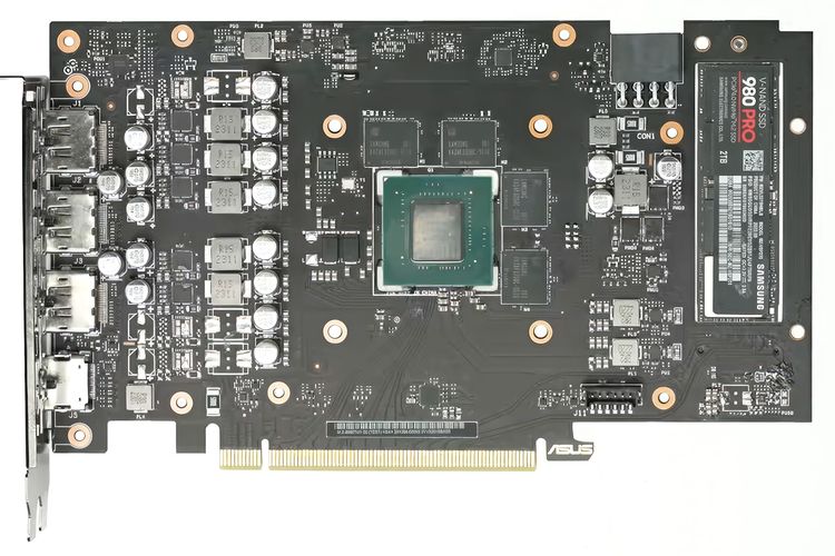 Asus Dual GeForce RTX 4060 Ti SSD menggunakan PCB berdesain khusus. Cooler kartu grafis ikut mendinginkan SSD