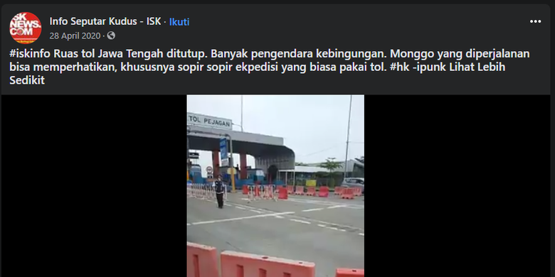 Tangkapan layar video penyekatan Gerbang Tol Pejagan saat arus mudik Lebaran 2020