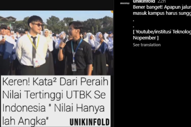 Tangkapan layar video peraih skor UTBK tertinggi se-Indonesia menyebut, nilai hanyalah sebuah angka.