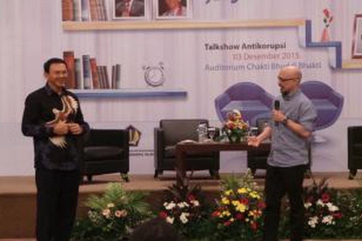 Gubernur DKI Jakarta Basuki Tjahaja Purnama dan presenter Andi F. Noya dalam Talkshow Hari Anti Korupsi, di Kantor Dirjen Pajak, Kamis (3/12/2015).