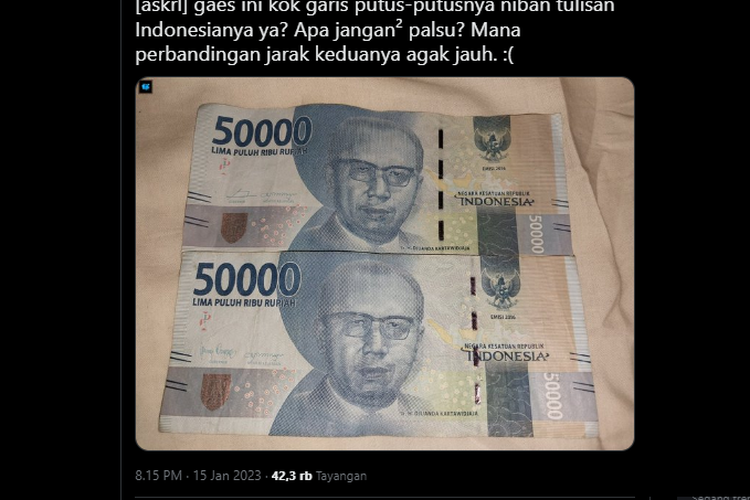 Uang kertas Rp 50.000 viral karena garis benang yang tidak sejajar