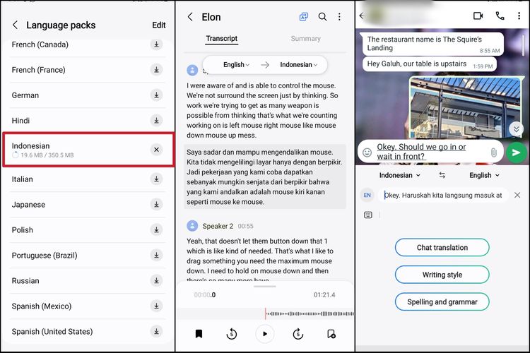 Fitur Galaxy AI di Samsung S24 series resmi dukung bahasa Indonesia. Pengguna bisa menerjemahkan/transkrip teks/audio dalam bahasa asing ke bahasa Indonesia atau sebaliknya.