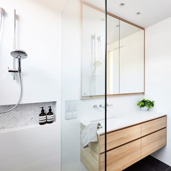 Ilustrasi kamar mandi minimalis modern. 
