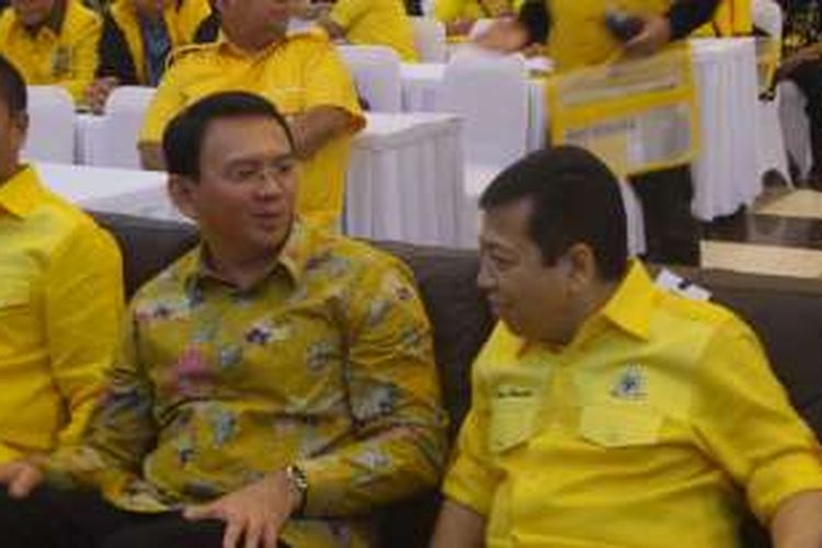 Gubernur DKi Jakarta Basuki Tjahaja Purnama dan Ketua Umum Partai Golkar Setya Novanto saat Musyawarah Daerah Partai Golkar, Minggu (19/6/2016). 