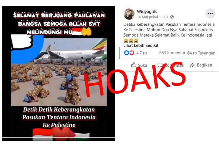 Tangkapan layar unggahan TNI dikirim ke Palestina