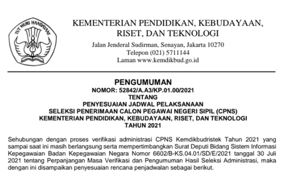 Tangkapan layar pengumuman dari Kemendikbud Ristek mengenai penyesuaian jadwal pelaksanaan seleksi CPNS 2021.