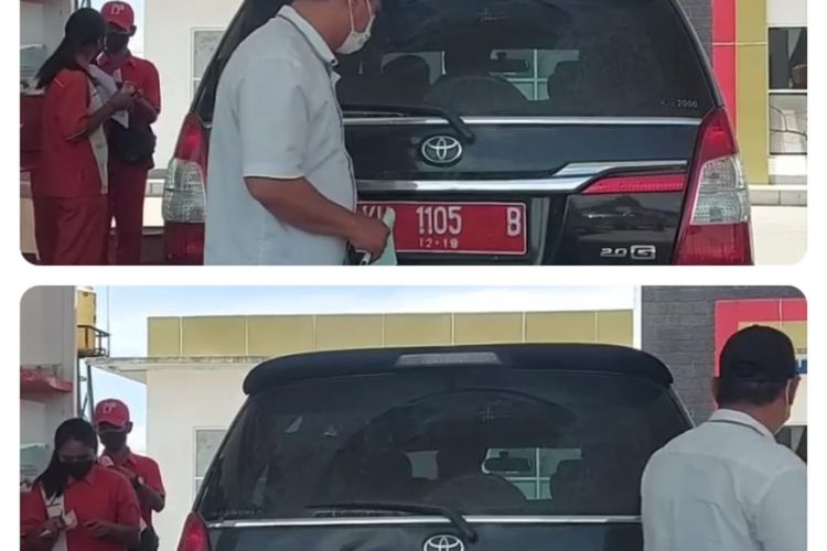 Tampilan gambar pada video oknum pegawai di Pemprov Kaltara yang tengah viral. Lelaki berkemeja putih menggunakan mobil dinas membeli BBM.di salah satu APMS namun setelah membayar BBM ia mengganti plat merah menjadi hitam