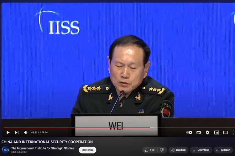 Tangkapan layar video pidato Menhan China Wei Fenghe dalam acara 18th Shangri-La Dialogue di Singapura pada 31 Mei 2019