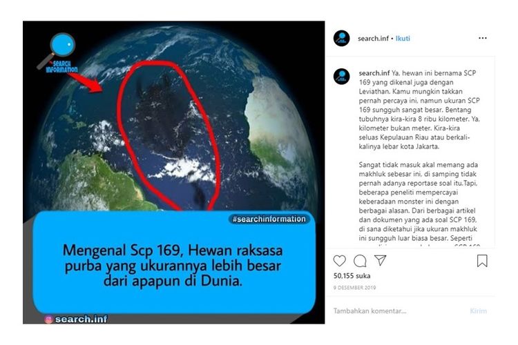 Tangkapan layar foto diduga hewan purba raksasa sebesar 8.000 km di Samudra Atlantik pada 9 Desember 2019. 