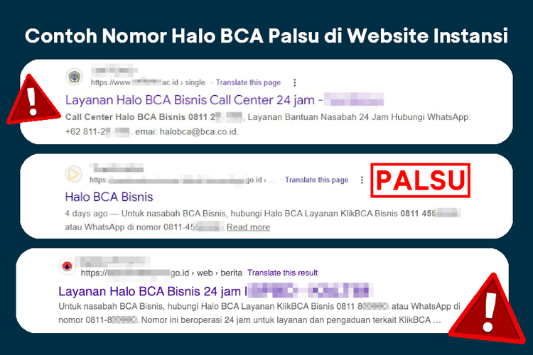 Contoh website instansi yang terdapat nomor Halo BCA palsu. 