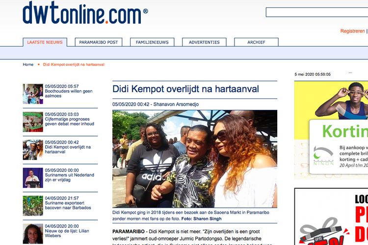 Bidikan layar situs berita Suriname dwtonline.com. Meninggalnya Didi Kempot disebut mengejutkan warga di Suriname