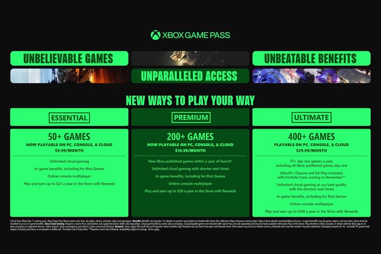 3 paket langganan Xbox Game Pass baru yaitu Essentials, Premium, dan Ultimate.