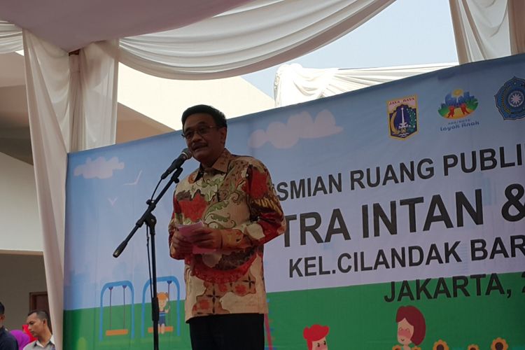 Pelaksana tugas (Plt) Gubernur DKI Jakarta Djarot Saiful Hidayat memberikan sambutan saat meresmikan RPTRA Intan di Kelurahan Cilandak Barat, Kecamatan Cilandak, Jakarta Selatan, Rabu (24/5/2017).