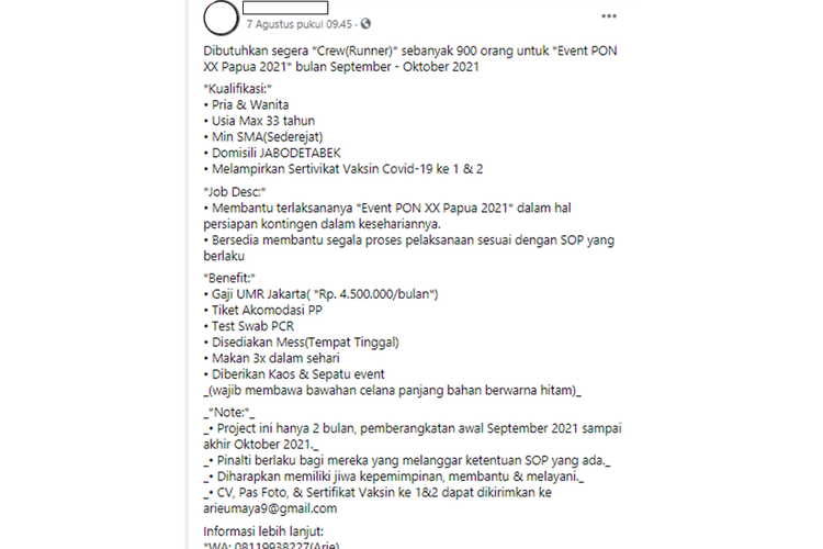 Tangkapan layar unggahan hoaks lowongan pekerjaan sebagai crew runner PON XX Papuas 2021.