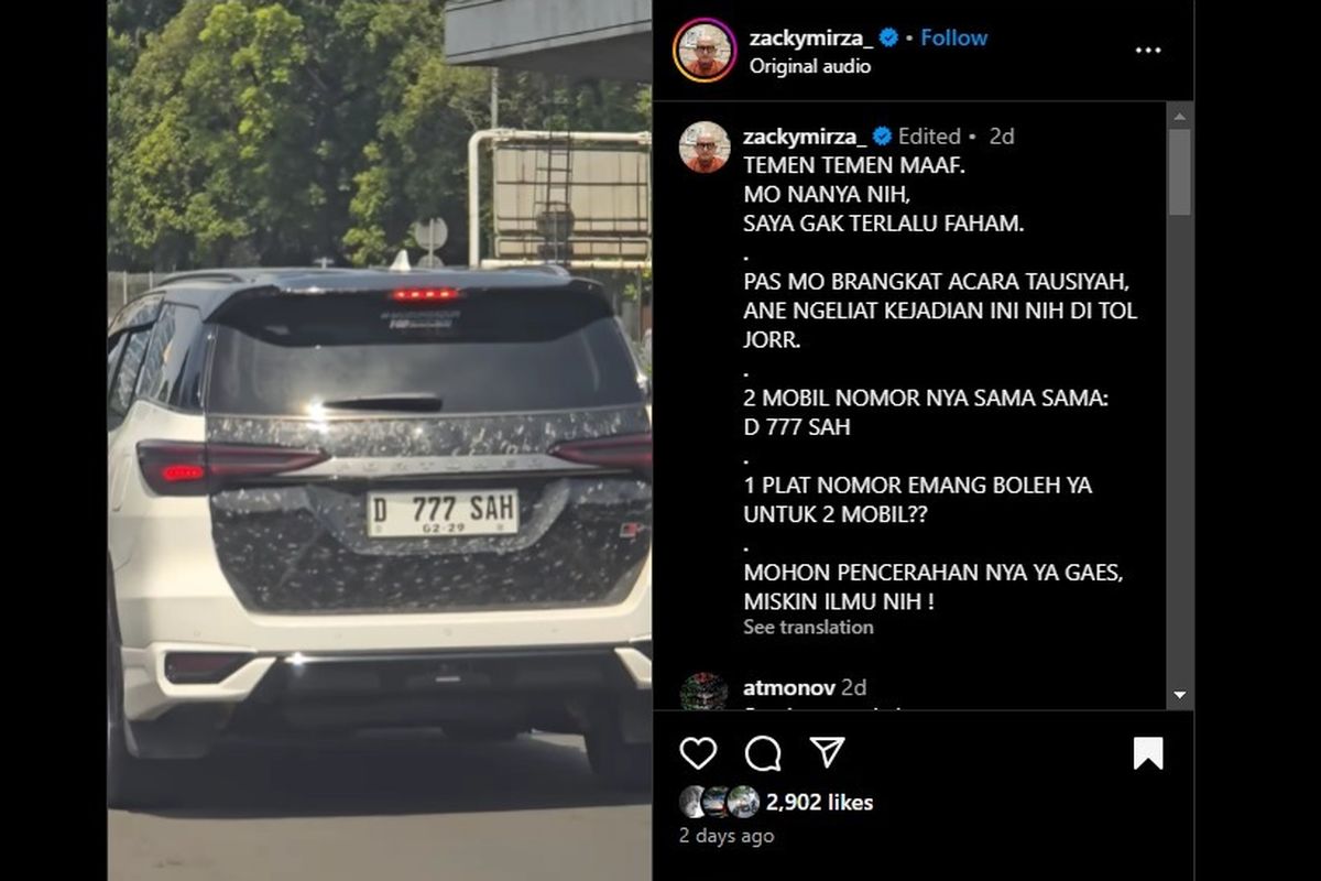 Viral, dua mobil pakai pelat nomor yang sama