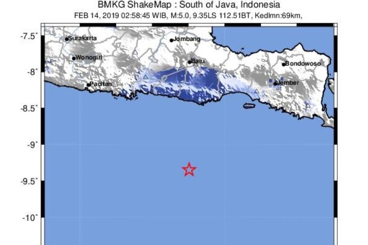 Gempa di Samudra Hindia selatan Jawa berkekuatan 5,0 terjadi pada 14 Februari 2019 pukul 2.58 WIB. Kedalaman gempa 69 kilometer.