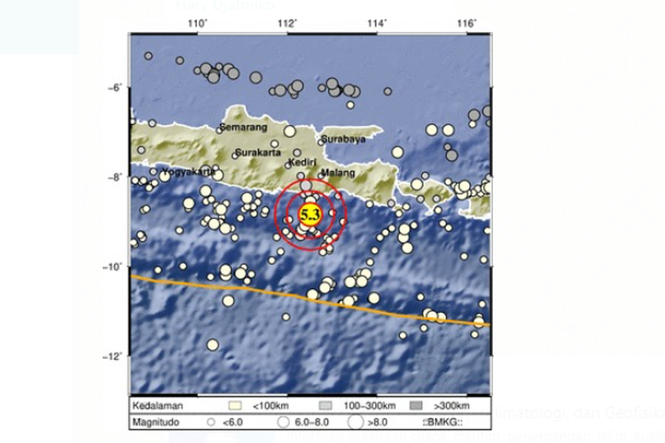 Tangkapan layar gempa yang berpusat di Malang, Jawa Timur pada Jumat (22/10/2021) pukul 09.21 WIB.