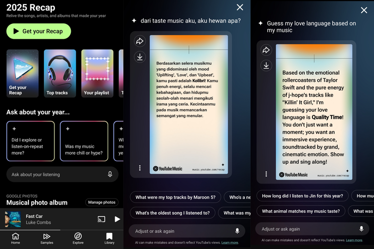 Tahun ini, YouTube 2025 Recap juga membawa pengalaman baru dengan menyertakan kolom ala chatbot AI. Di kolom AI ini, pengguna bisa memasukkan beragam prompt untuk melihat pengalaman pemakaian YouTube Music mereka lebih jauh.