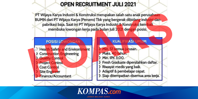 Hoaks Lowongan Kerja Di Anak Usaha Bumn Wijaya Karya Paling Lambat 17 Agustus 2021 Halaman All Kompas Com
