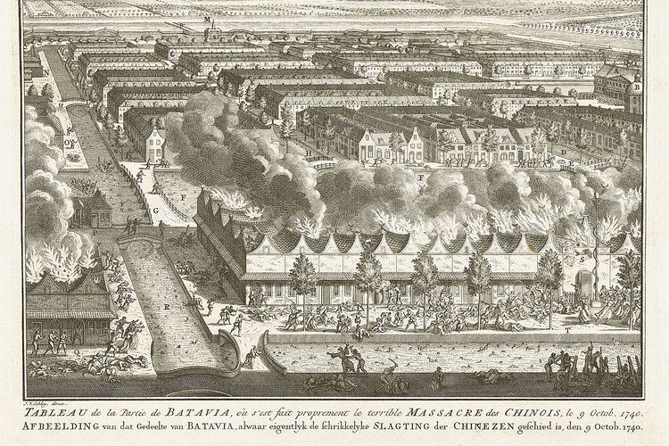 Ilustrasi terjadinya peristiwa pembantaian terhadap masyarakat Tionghoa di Batavia yang dikenal sebagai Geger Pecinan pada 9 Oktober 1740. Ilustrasi dibuat oleh Jakob van der Schley dan kini menjadi koleksi Rijksmuseum.