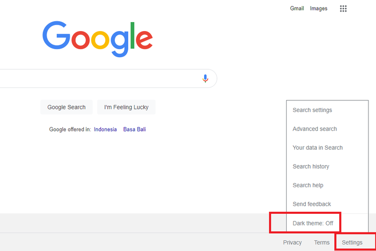 Cara mengaktifkan mode gelap di Google Search versi desktop.