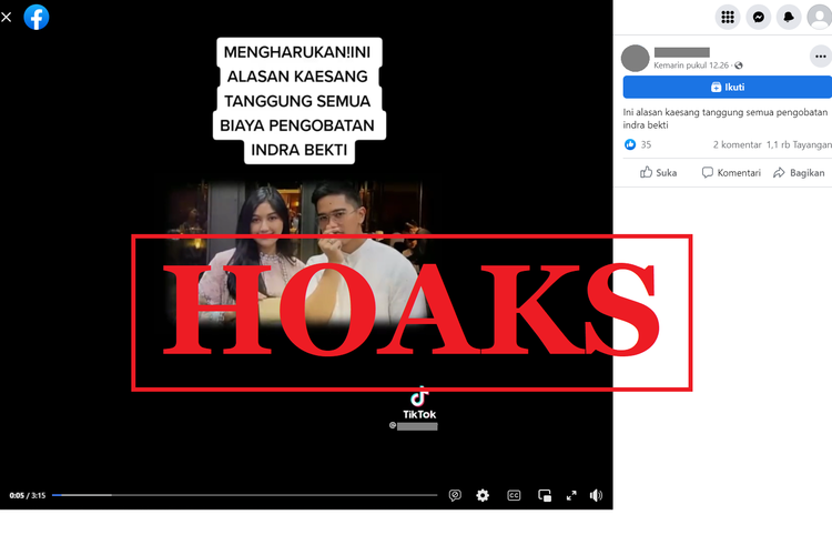 Tangkapan layar unggahan dengan narasi hoaks di sebuah akun Facebook, Kamis (5/1/2023), yang menyebut bahwa Kaesang dan Erina menanggung biaya rumah sakit Indra Bekti.