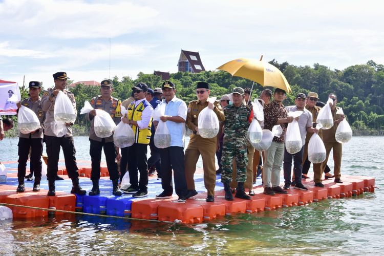 Penjabat (Pj) Gubernur Sulawesi Selatan (Sulsel) saat menebar 250.000 benih ikan nila di Bendungan Kalola dan Bendungan Paselloreng, Kabupaten Wajo, Selasa (2/4/2024).