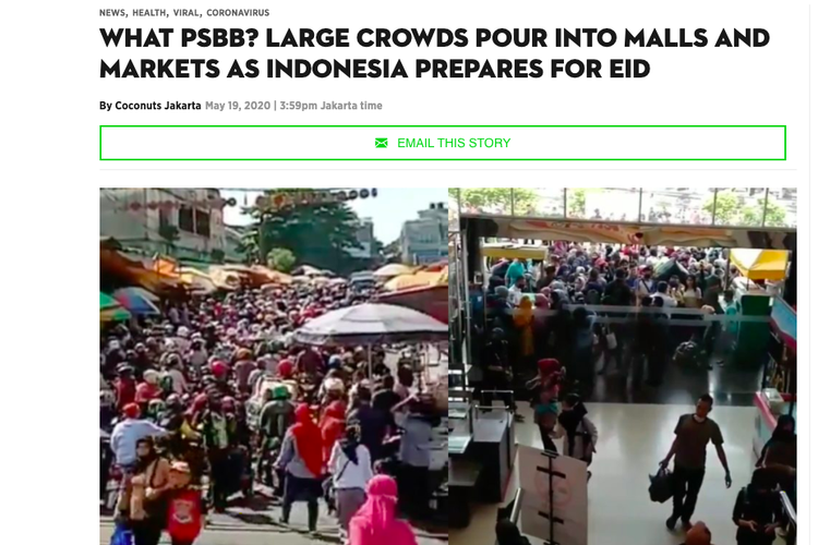 Tangkapan layar portal berita Coconuts yang menyoroti banyaknya kerumunan jelang Lebaran di Indonesia