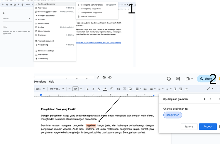 Ilustrasi cara cek typo di Google Docs