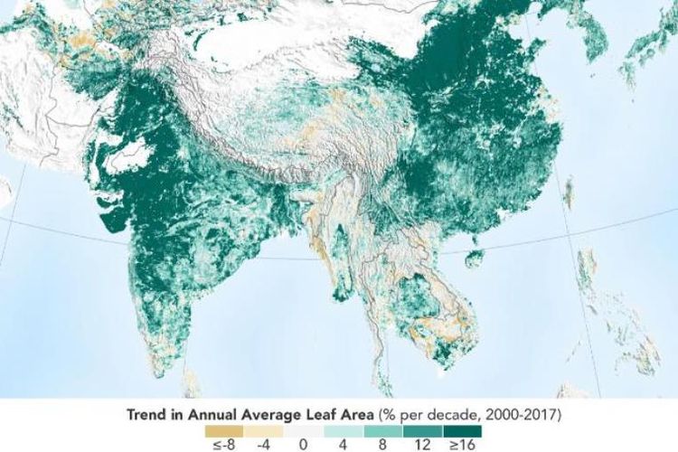 Citra satelit NASA yang menunjukkan China dan India membuat Bumi makin hijau. Data ini dikumpulkan sejak 2000-2017.