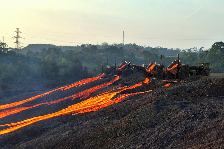 Truk-truk pengangkut slag hasil produksi PT Vale Indonesia. Slag, yang merupakan limbah dari peleburan nikel, diubah menjadi material bernilai yang memperbaiki infrastruktur desa.