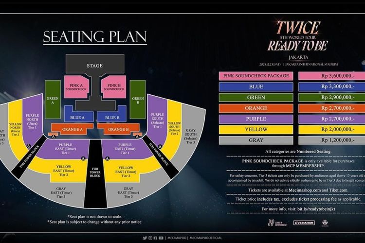 Tiket konser TWICE di JIS terbagi menjadi tujuh kategori, yakni pink, blue, green, orange, purple, yellow, dan gray.