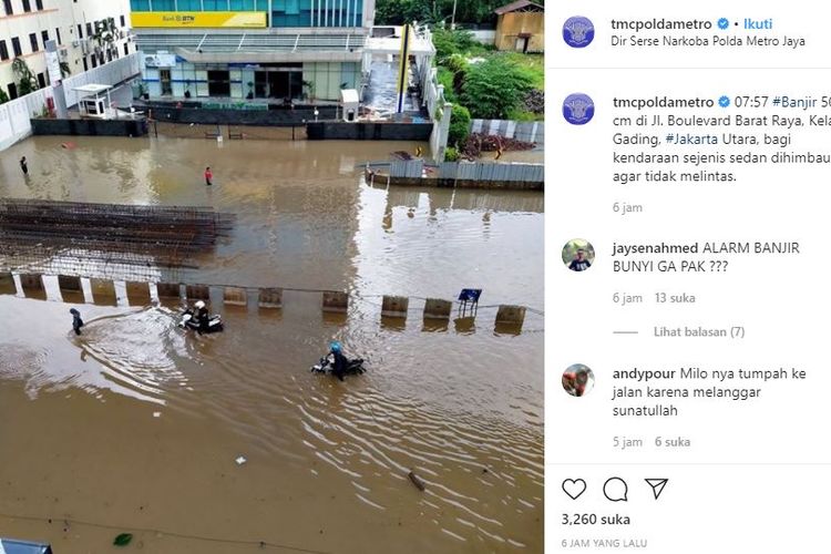 Banjir melanda kawasan Kelapa Gading, Jakarta Utara, Minggu (23/2/2020).