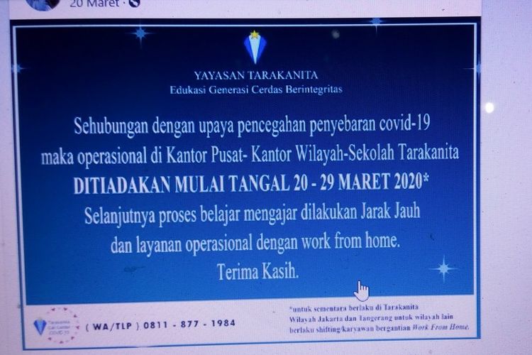 Tangkapan layar pengumuman kegiatan Yayasan Tarakanita dalam memutus mata rantai penyebaran virus corona di Indonesia. 

