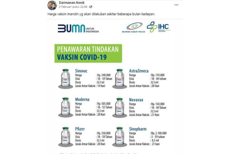 Tangkapan layar unggahan dengan informasi dengan klaim daftar harga pelayanan vaksin mandiri Covid-19 Rumah Sakit Pelni.