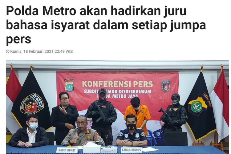 Tangkapan layar artikel Antara, Polda Metro Jaya hadirkan juru bahasa isyarat