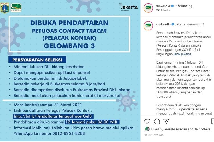 Pemprov DKI Jakarta membuka pendaftaran petugas contact tracer.