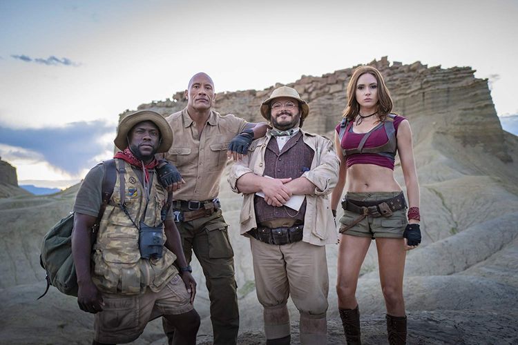 (Dari kiri) Kevin Hart, Dwayne Johnson, Jack Black, dan Karen Gillan dalam film Jumanji: The Next Level.