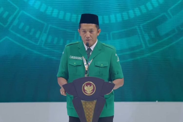Ketua GP Ansor 2024-2029 Addin Jauharddin saat pidato usai dilantik di Istora Senayan, Jakarta Pusat, Senin (27/5/2024).