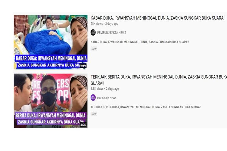Tangkapan layar video YouTube dengan judul Irwansyah meninggal dunia