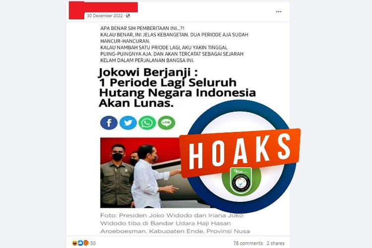 Tangkapan layar Facebook narasi yang menyebut bahwa Jokowi berjanji akan melunasi utang negara jika menjadi presiden satu periode lagi