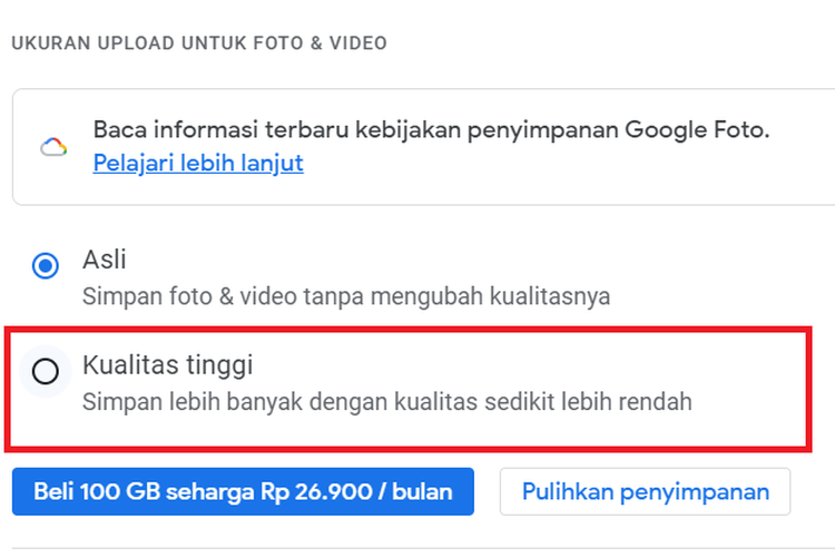 Pengguna bisa mengubah kualitas upload di Google Photo untuk menghemat ruang penyimpanan.