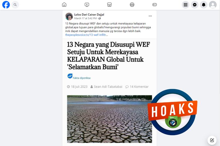Tangkapan layar konten hoaks di sebuah akun Facebook, Minggu (17/3/2024), soal 13 negara merekayasa kelaparan global bersama WEF.